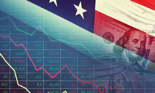 American one hundred dollar bill on the US flagh and numerical charts